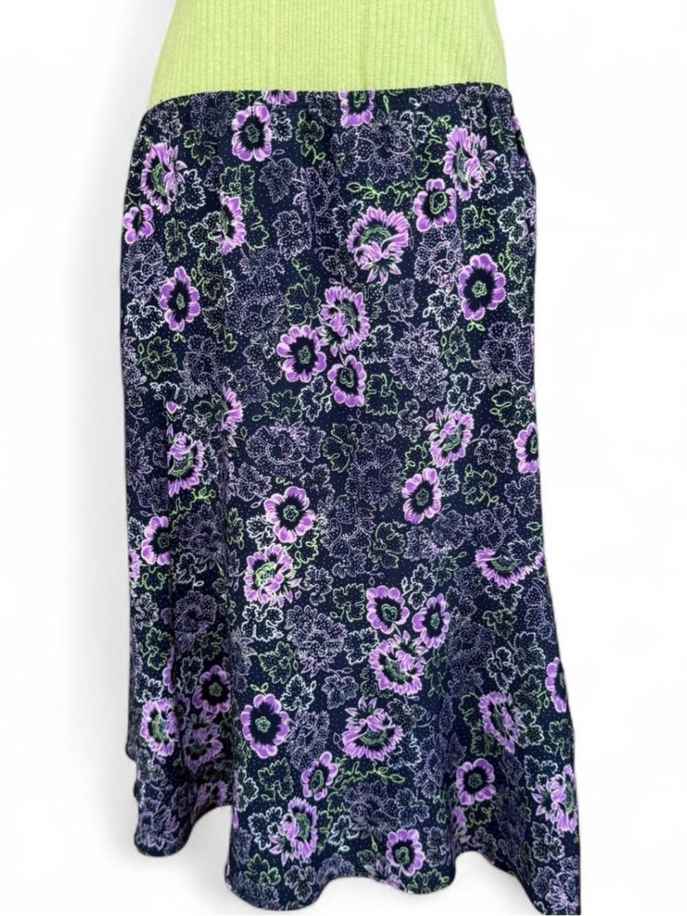 Sag Harbor Purple Navy Floral Midi Skirt 16P Elastic Waist Vintage Y2K Petite